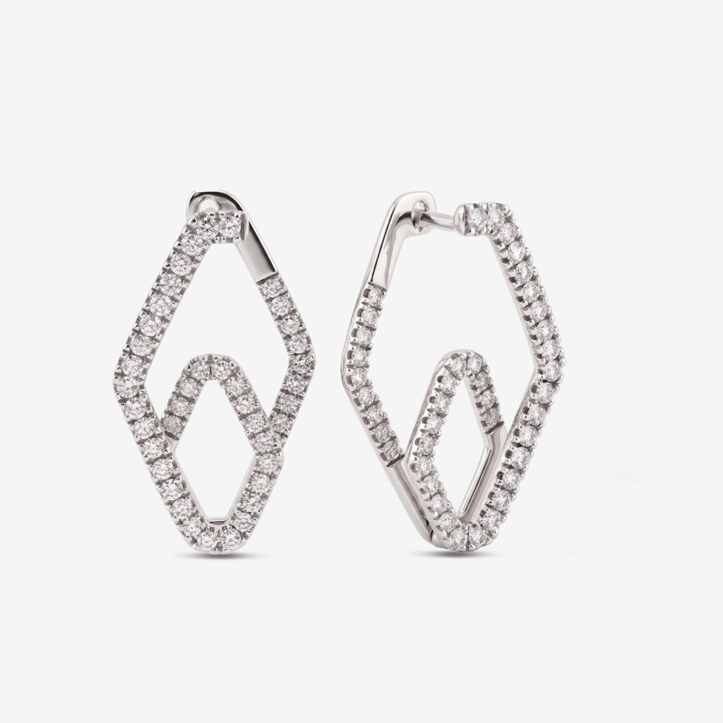 Alev Wing Earrings — angular diamond hoops in a flame-inspired silhouette, yellow gold, top and side view