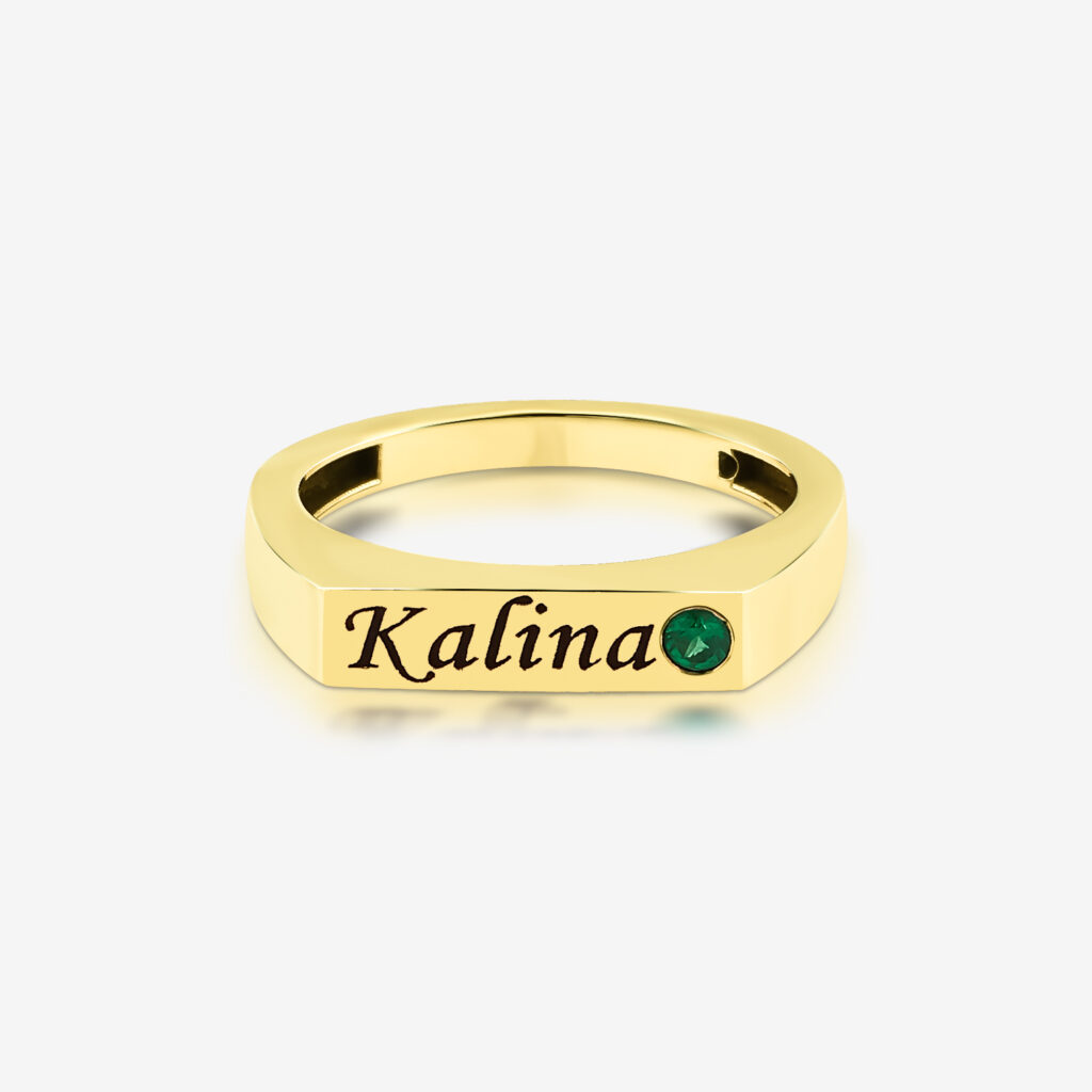 Amanet Ring — engraved name with a single precious stone, yellow gold, top view