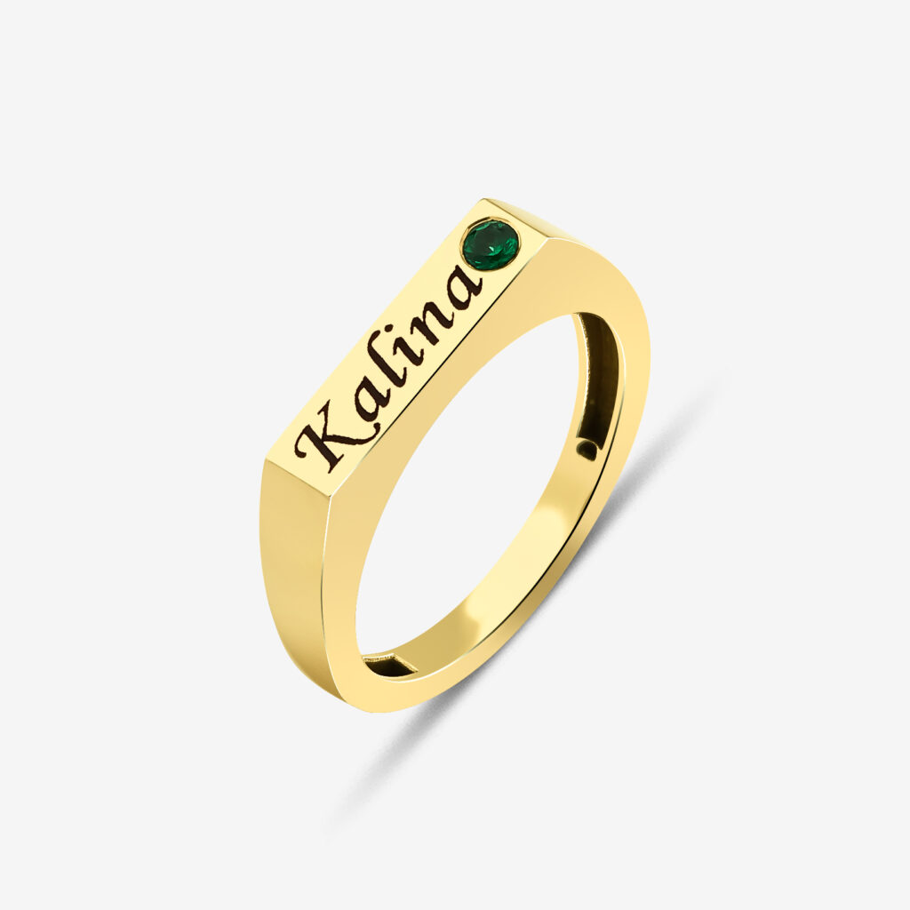 Amanet Ring — engraved name with a single precious stone, yellow gold, side view