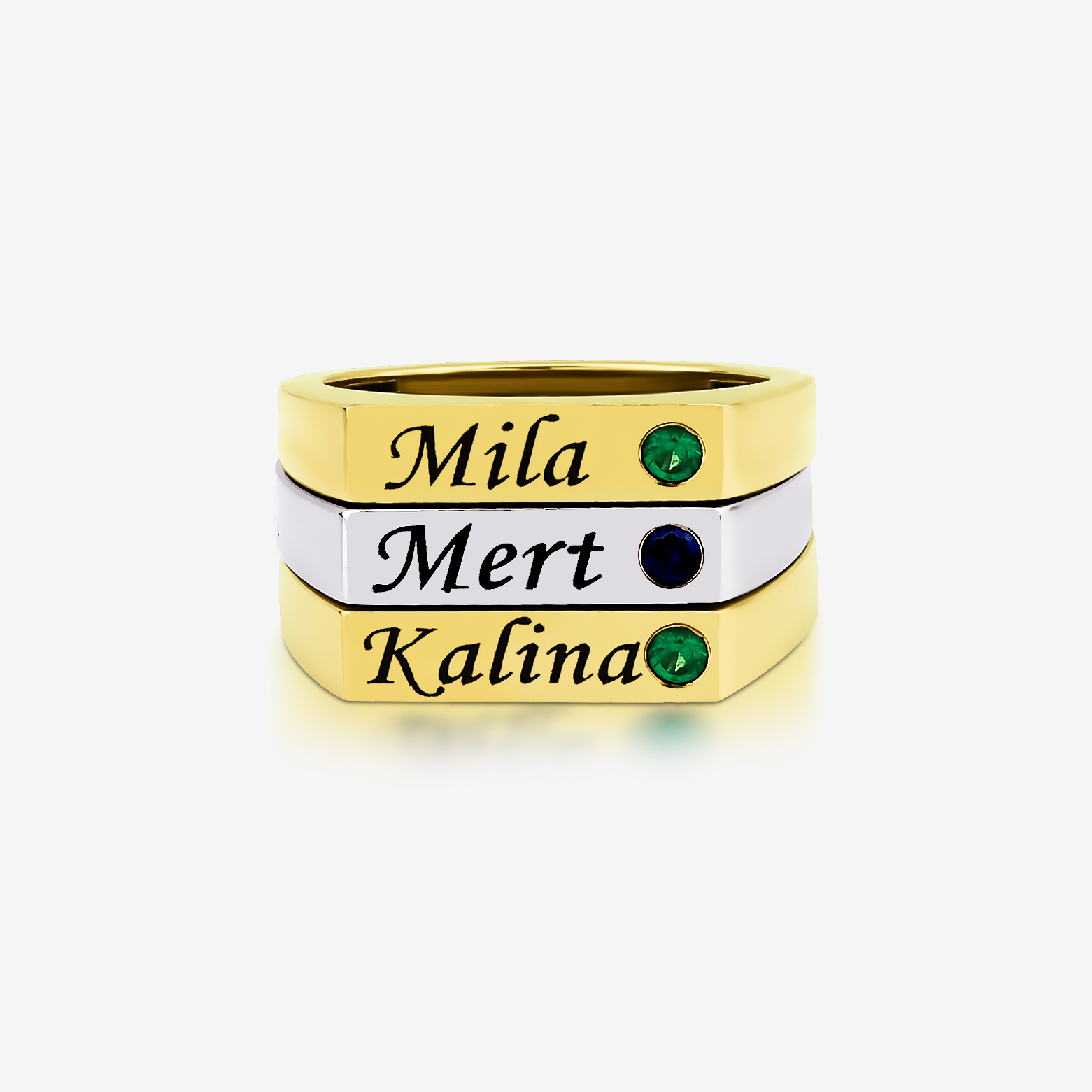 Amanet Ring — engraved name with a single precious stone, yellow gold, top view
