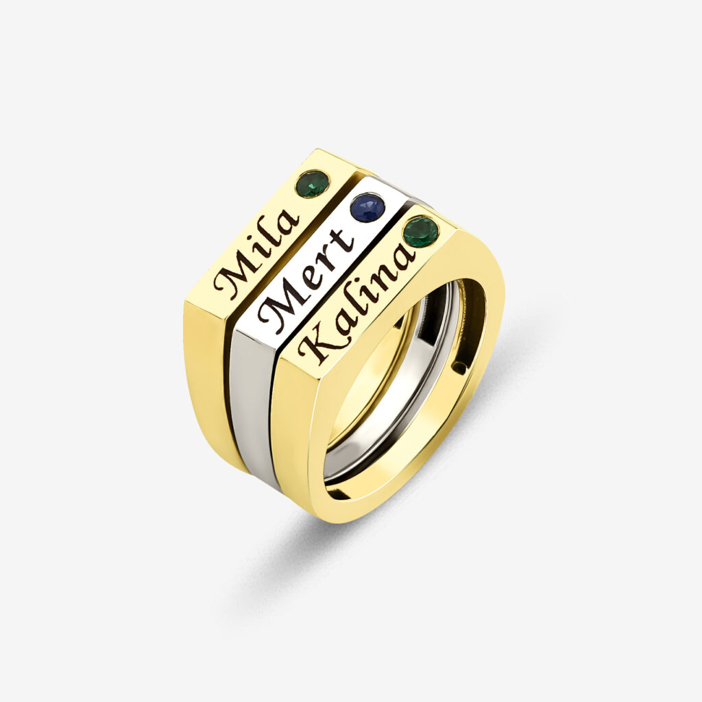 Amanet Ring — engraved name with a single precious stone, yellow gold, side view