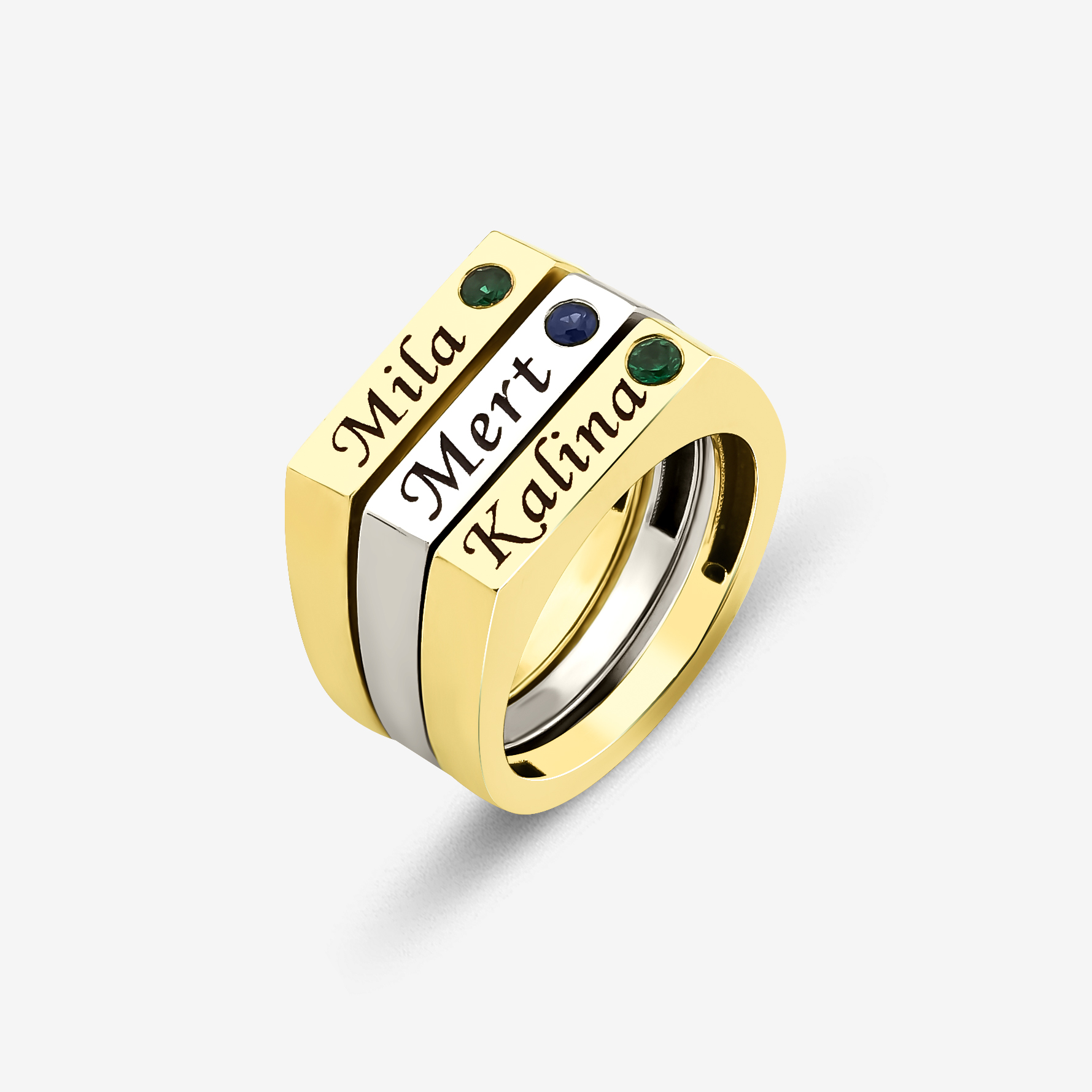 Amanet Ring — engraved name with a single precious stone, yellow gold, side view