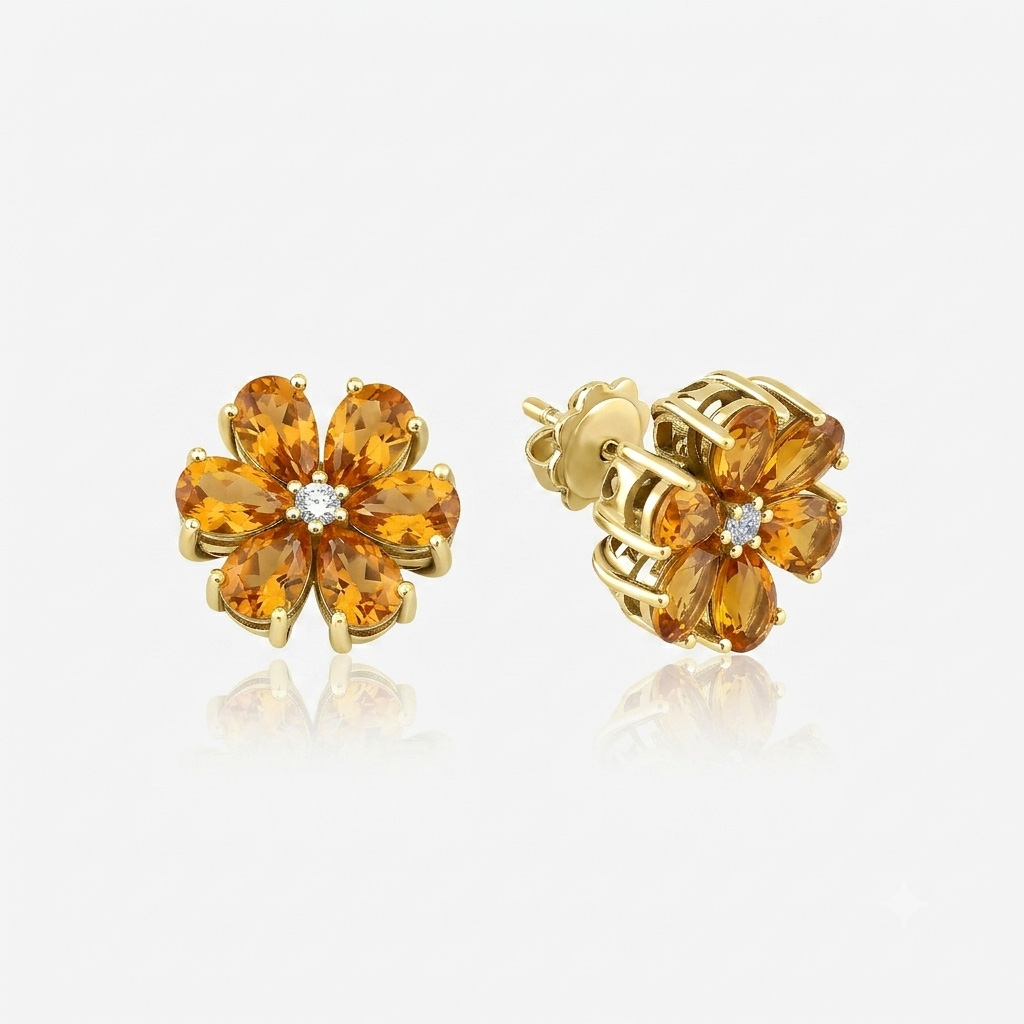 Amber Sun Earrings — natural citrine with a center diamond, rose gold, top and side view