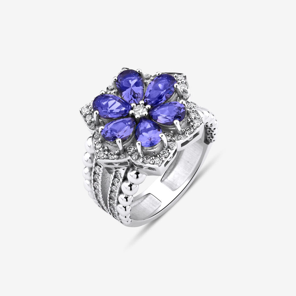 Bloom Bosphorus Statement Ring — tanzanite flower with diamonds in white gold, side view