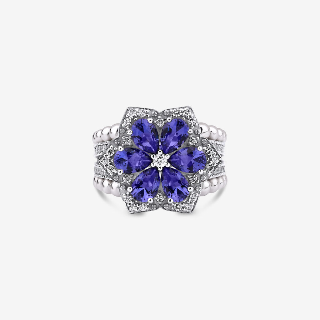 Bloom Bosphorus Statement Ring — tanzanite flower with diamonds in white gold, top view