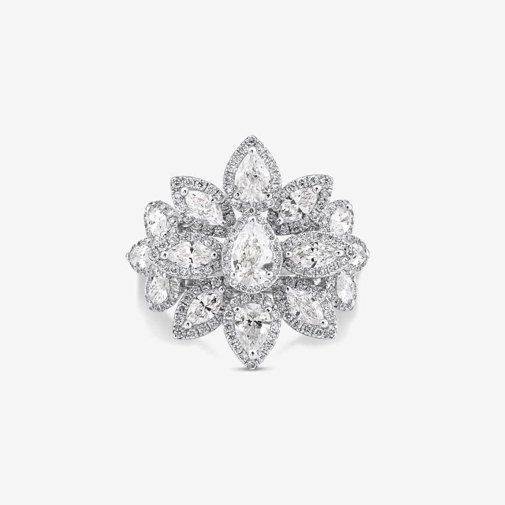 Sultana's Dream Ring — pear-cut and marquise-cut diamonds in 18k white gold, top view