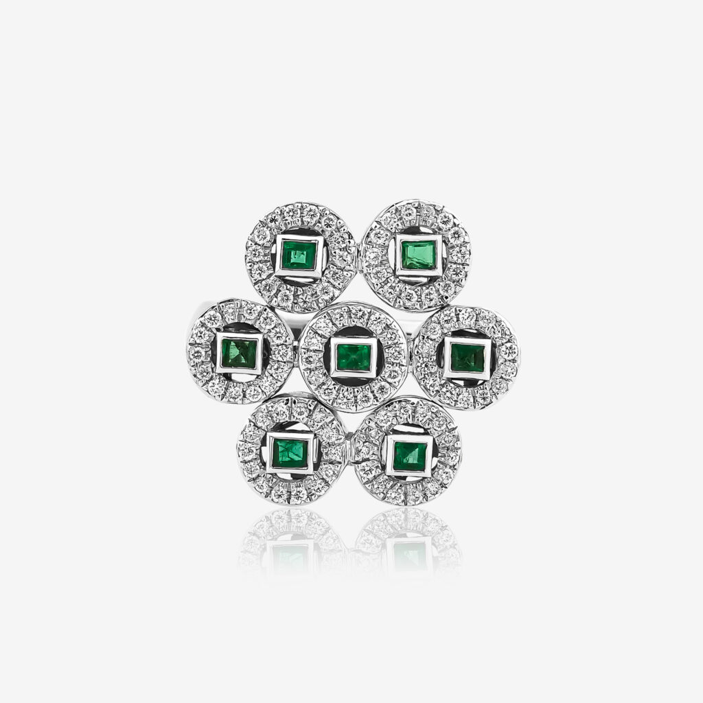 Seven Hills of Istanbul Ring — seven emeralds surrounded by diamonds in 18k white gold, top view