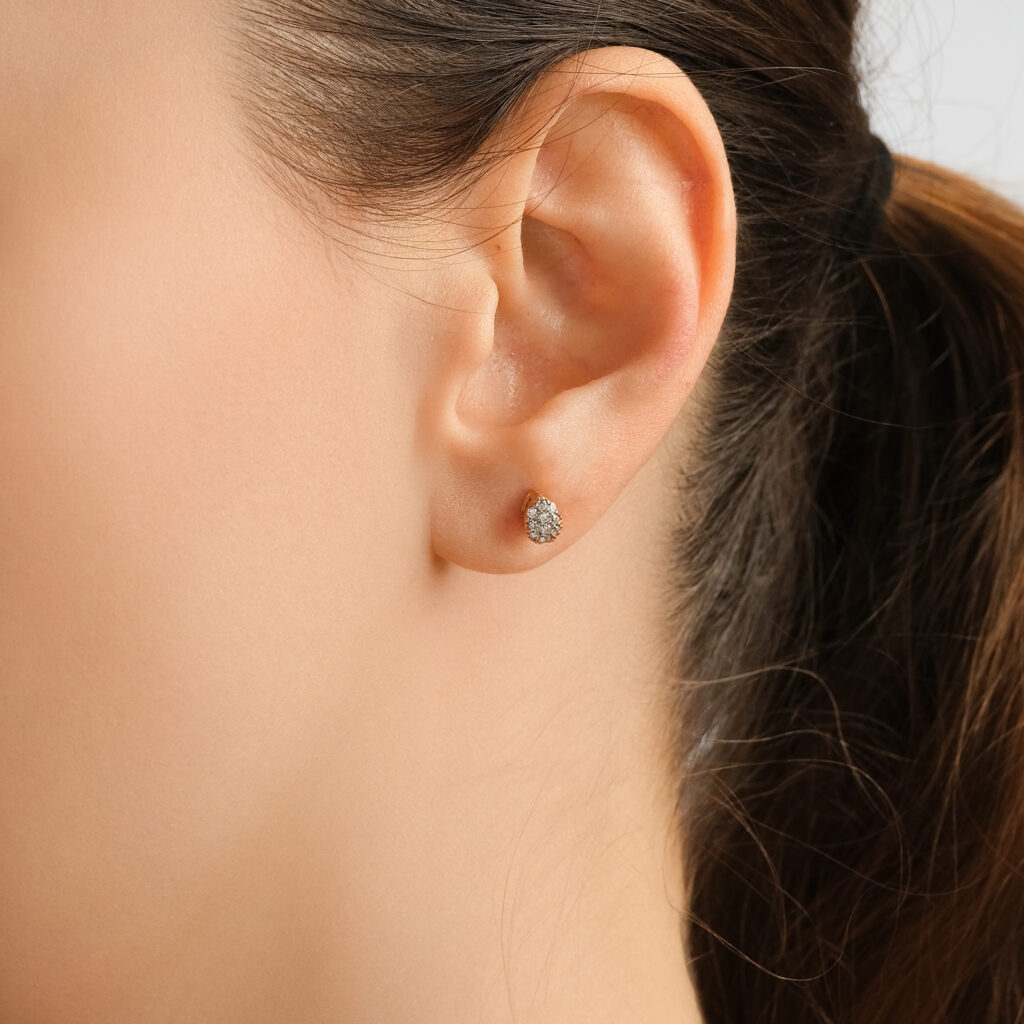 Damla Earrings — pear-shaped pavé diamond drops, rose gold, worn on ear