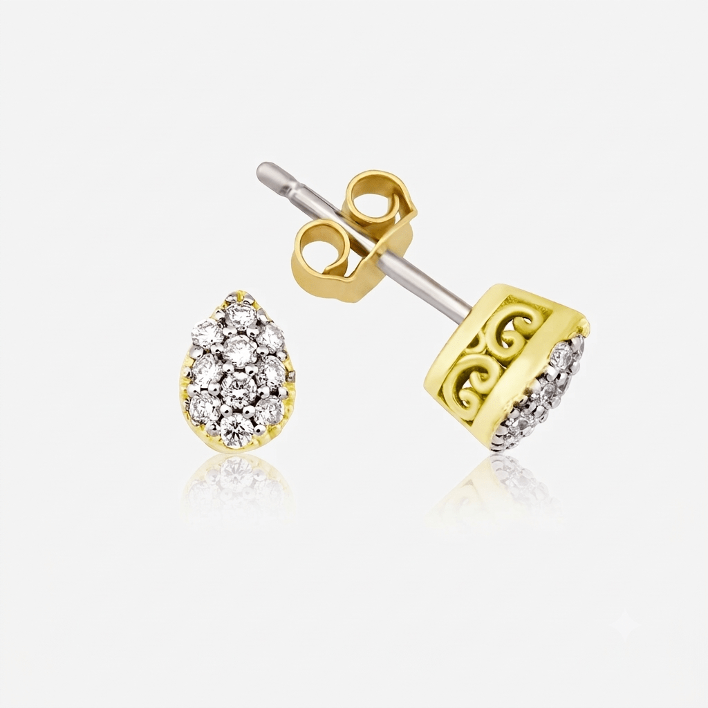 Damla Earrings — pear-shaped pavé diamond drops, rose gold, top and side view
