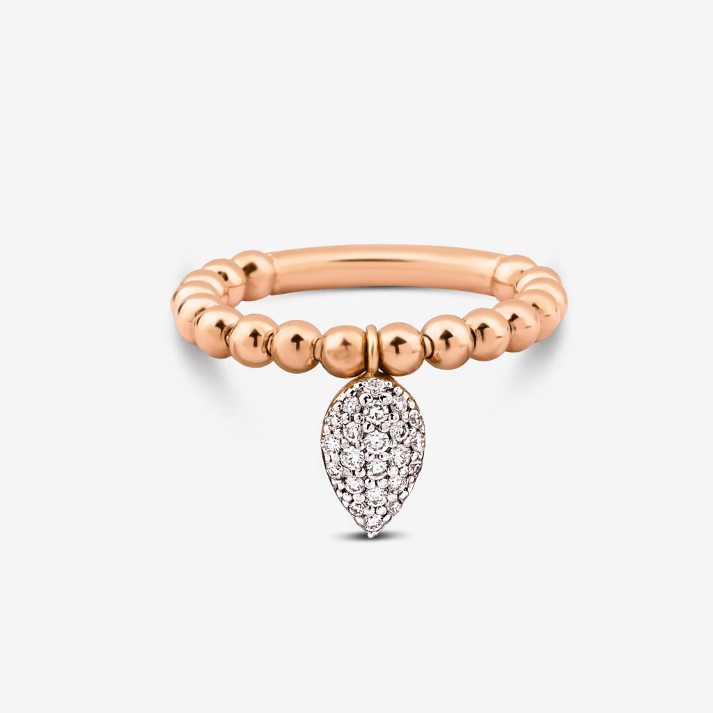 Damla Ring — pavé diamond drop on a beaded rose gold band, top view