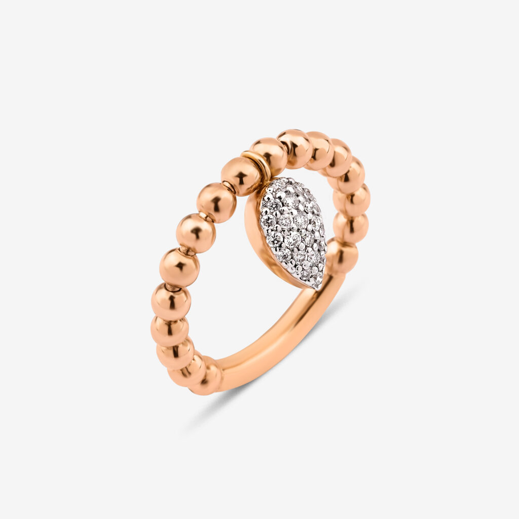 Damla Ring — pavé diamond drop on a beaded rose gold band, side view