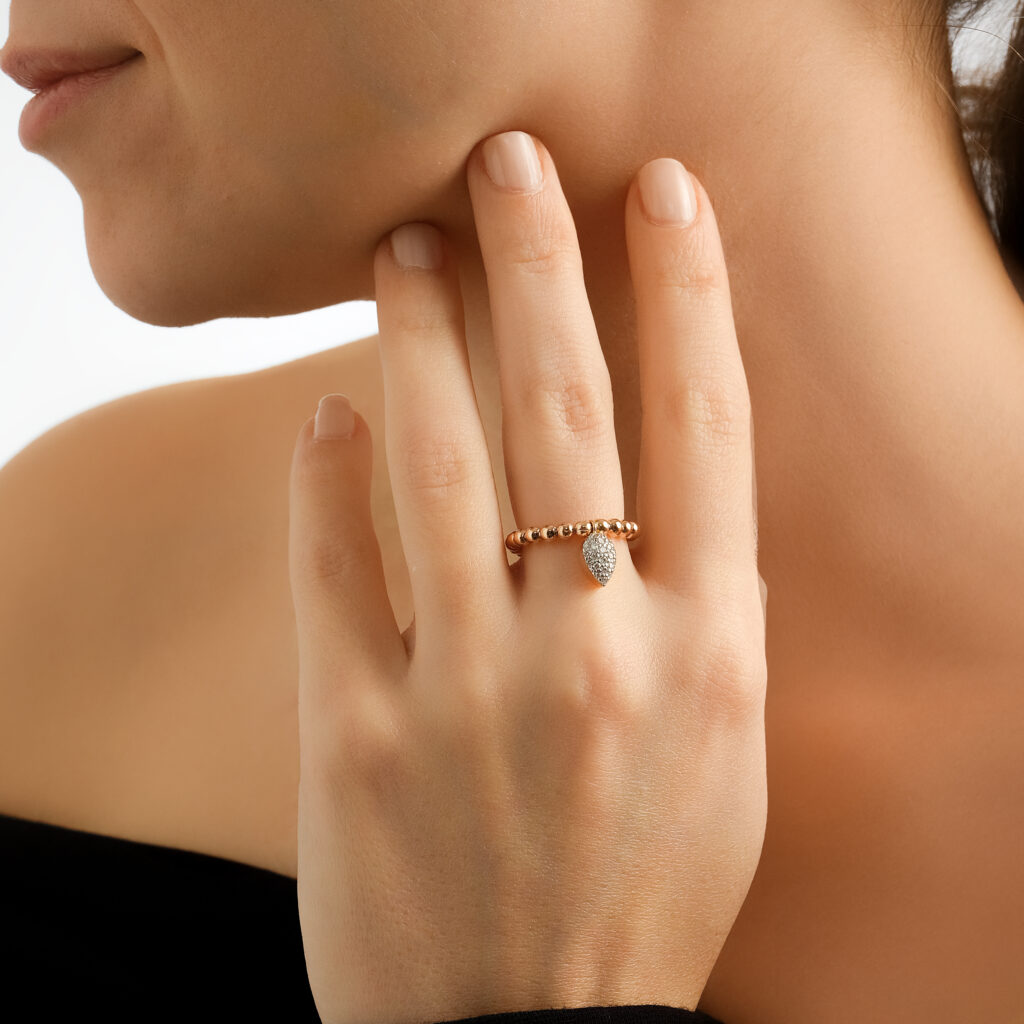 Damla Ring — pavé diamond drop on a beaded rose gold band, worn on hand