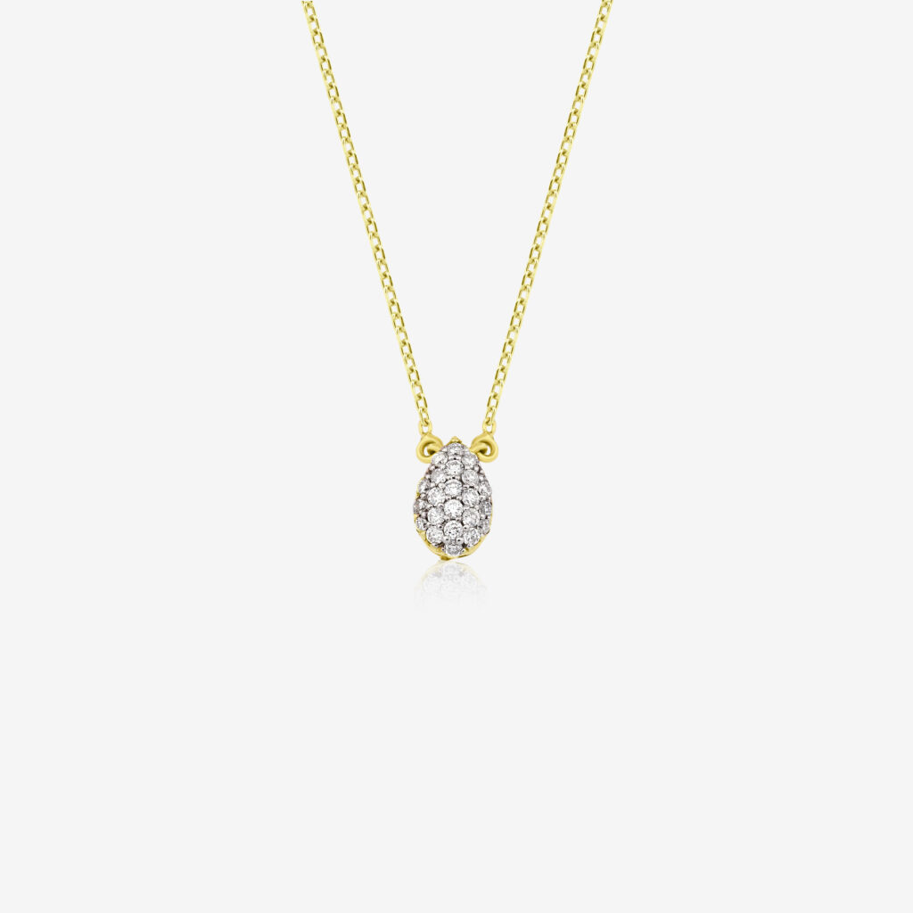 Damla Solitaire Necklace — pavé diamond drop on a rose gold chain, top view