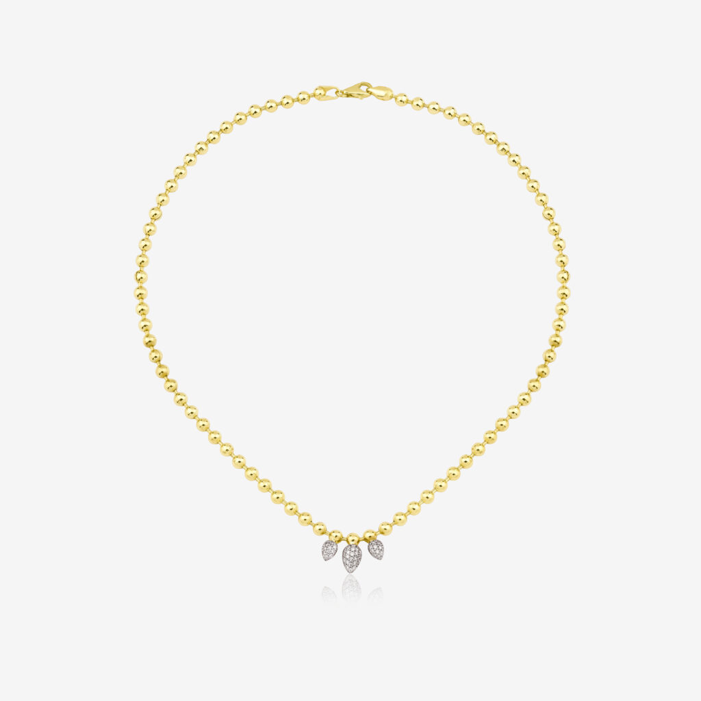 Damla Trio Necklace — three pavé diamond drops on a beaded yellow gold chain, top view