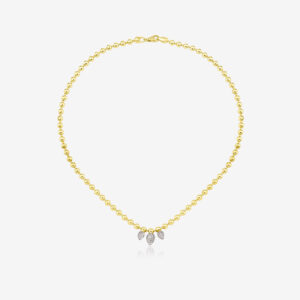 Damla Trio Necklace — three pavé diamond drops on a beaded yellow gold chain, top view
