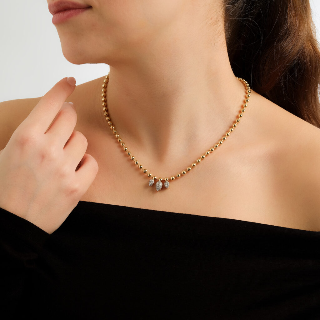 Damla Trio Necklace — three pavé diamond drops on a beaded yellow gold chain, worn on neck