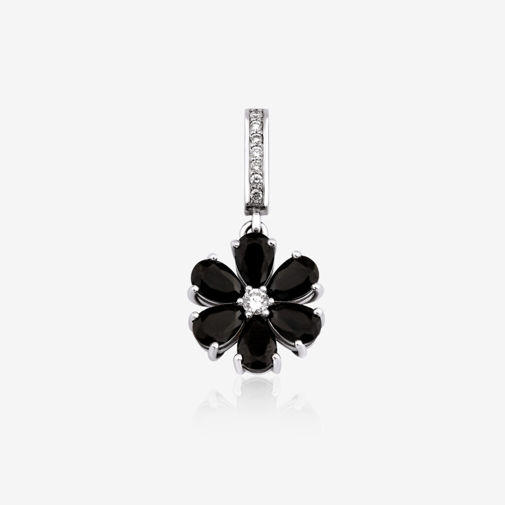 Dark Mystery Pendant — lab-created black spinel petals with a center diamond, white gold, top view