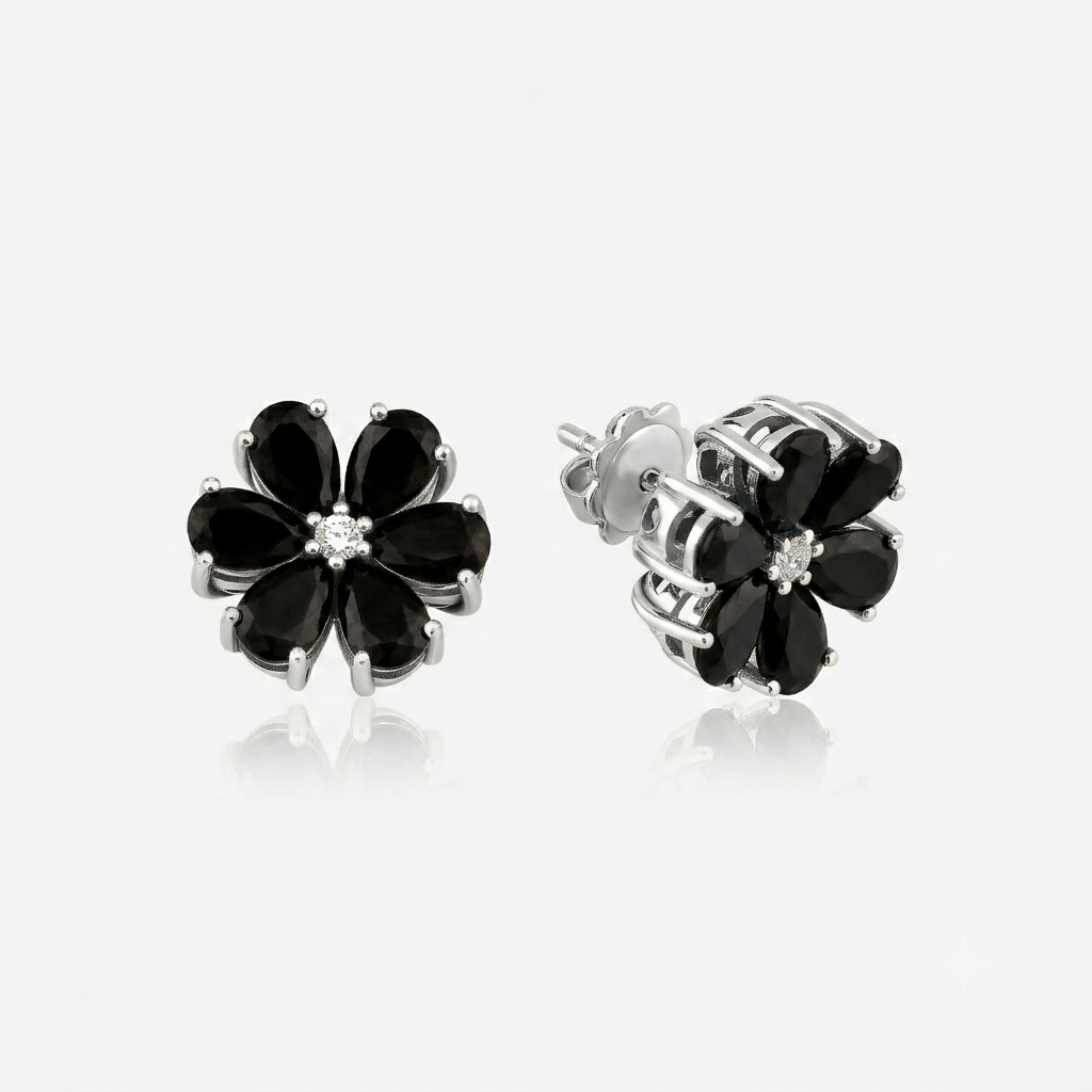 Dark Mystery Earrings — lab-created black spinel with a center diamond, white gold, top and side view