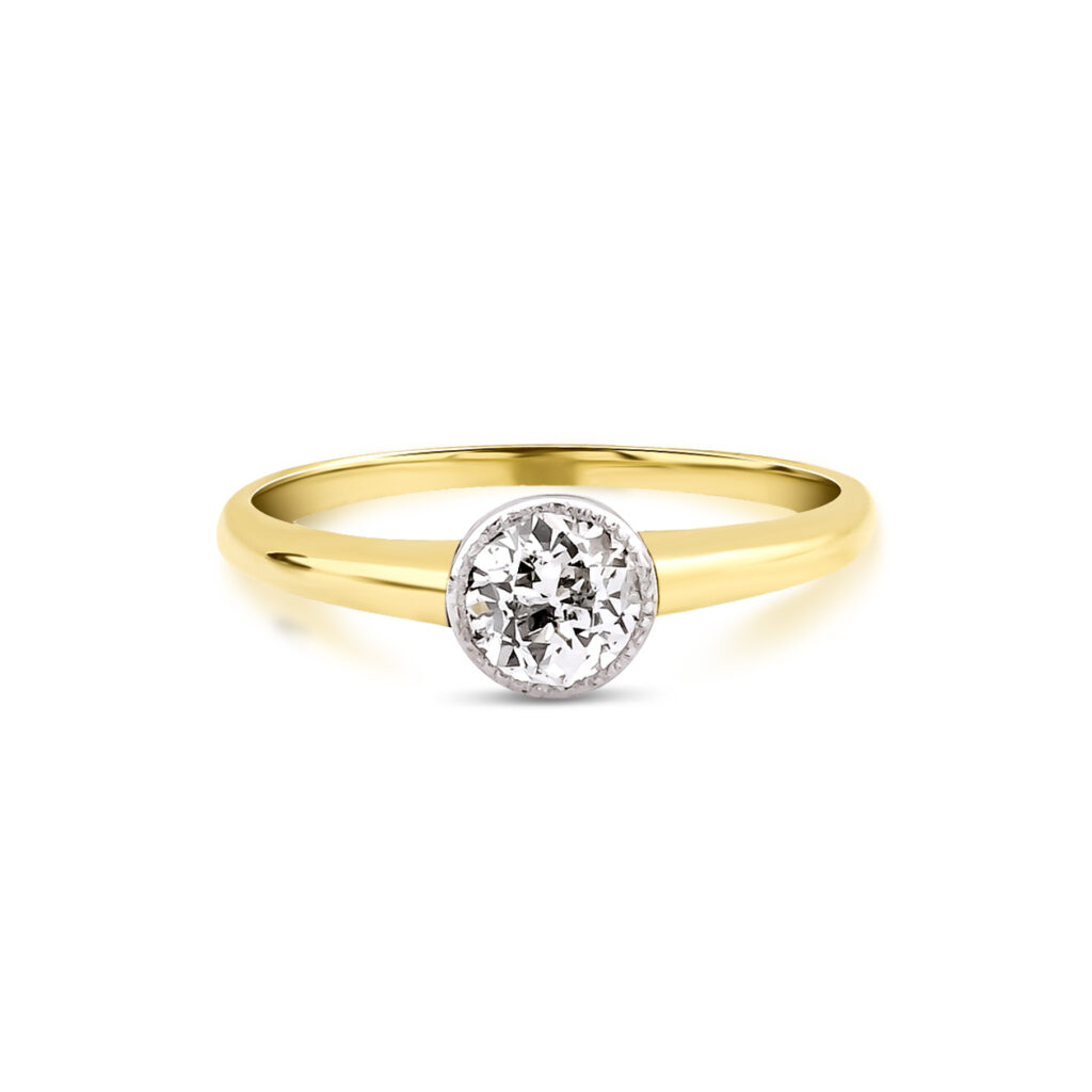 Dolunay Ring — single brilliant diamond bezel-set in yellow gold, top view