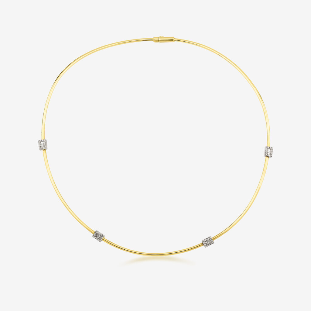 Empire Omega Necklace — diamond stations on a polished yellow gold collar, top view