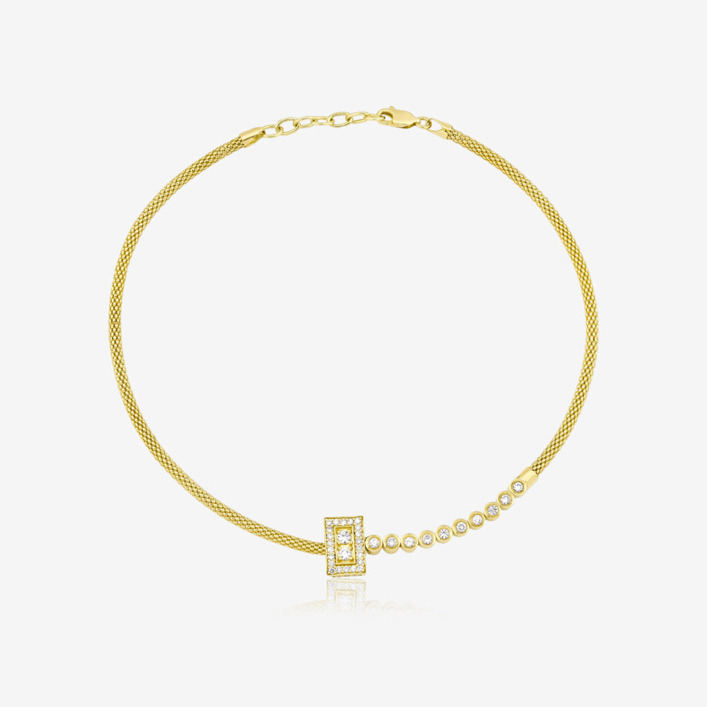 Geometric Diamond Choker — beaded yellow gold with a center diamond, top view