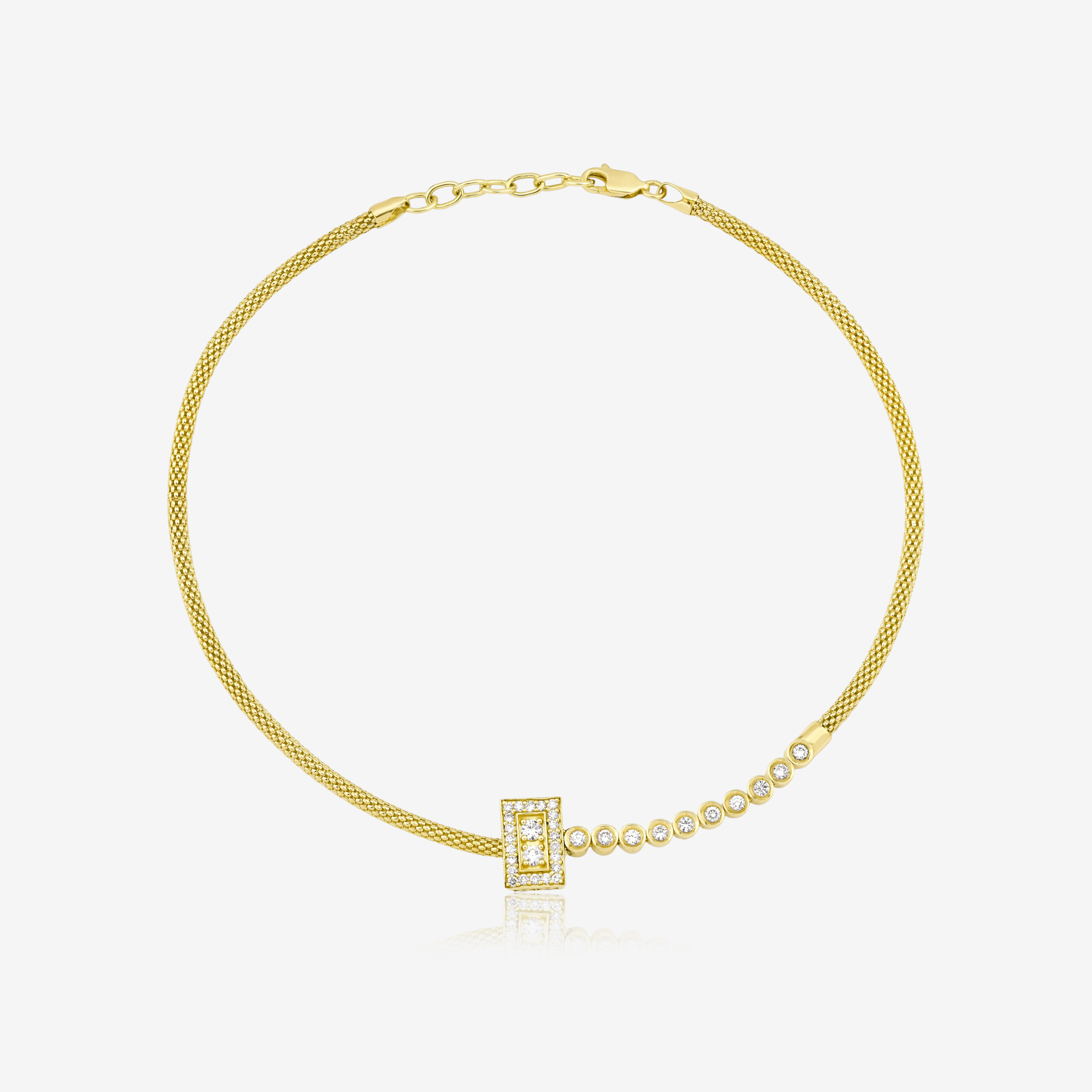 Geometric Diamond Choker — beaded yellow gold with a center diamond, top view