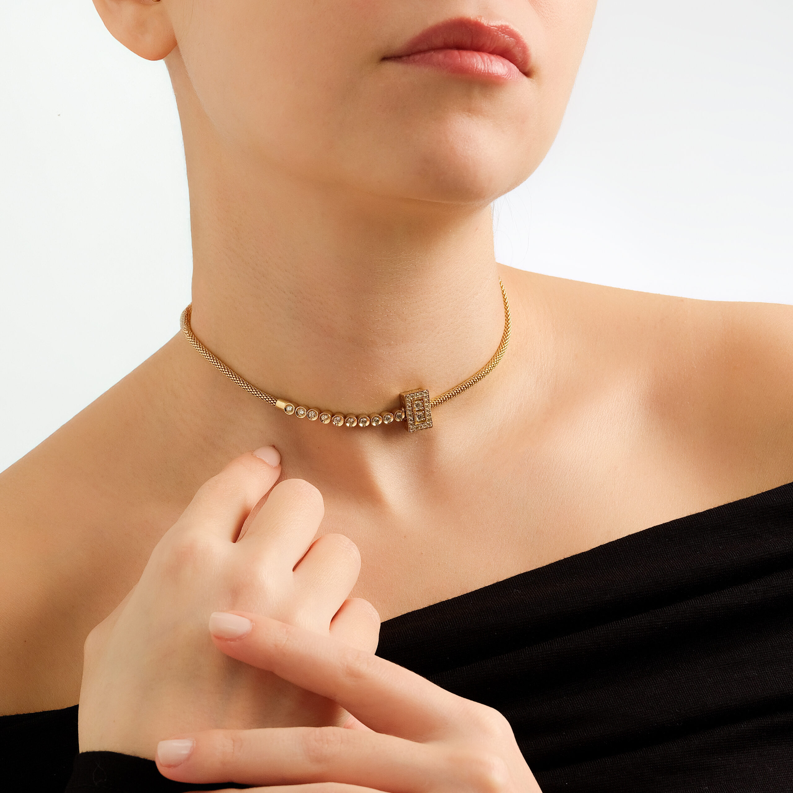 Geometric Diamond Choker — beaded yellow gold with a center diamond, worn on neck