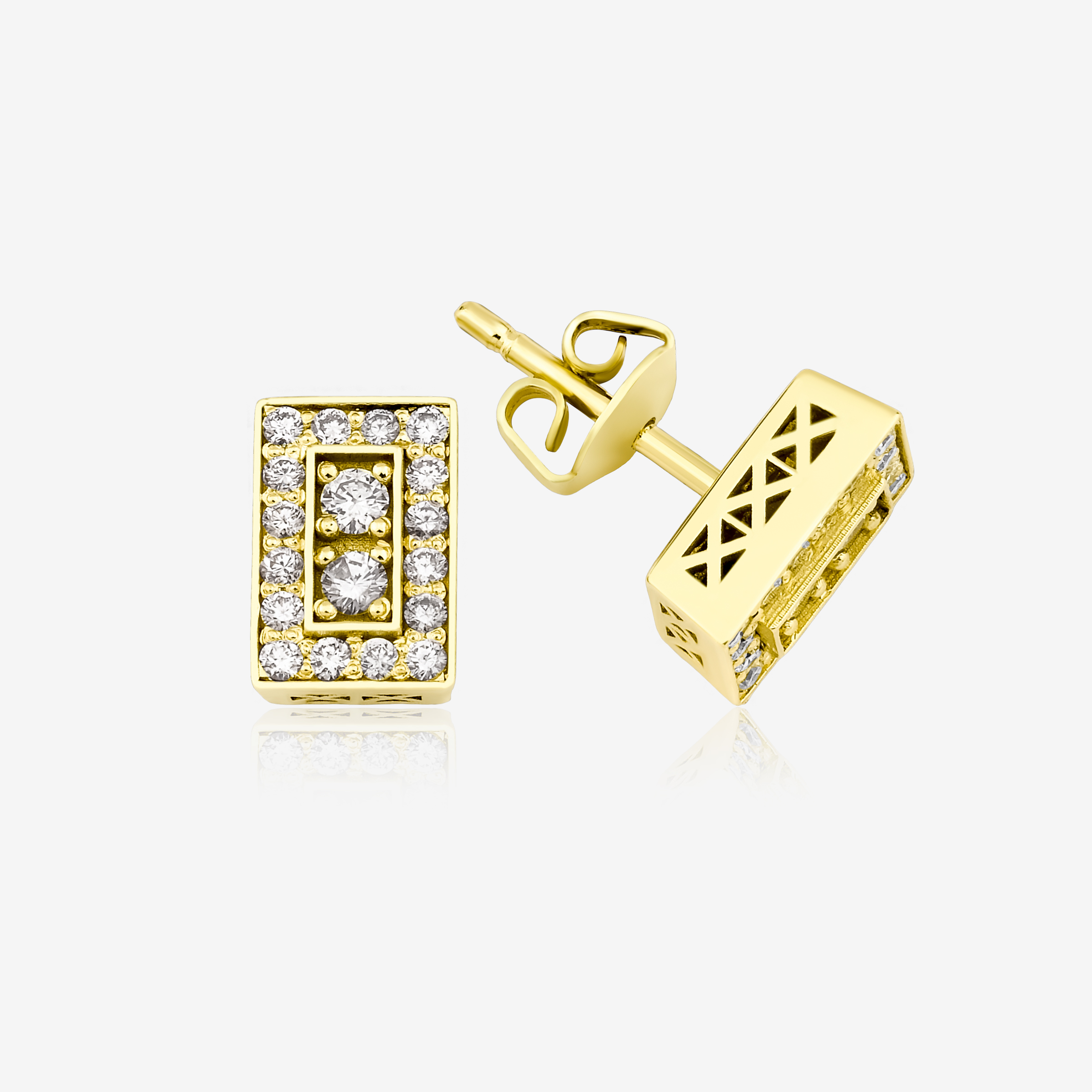 Geometric Diamond Earrings — architectural studs paved with diamonds, yellow gold, top and side view