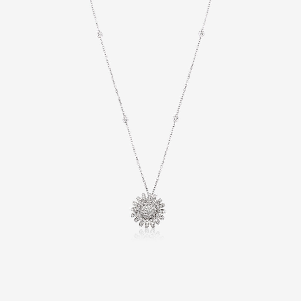 Güneş Bloom Necklace — sunburst of diamonds on a white gold chain, top view