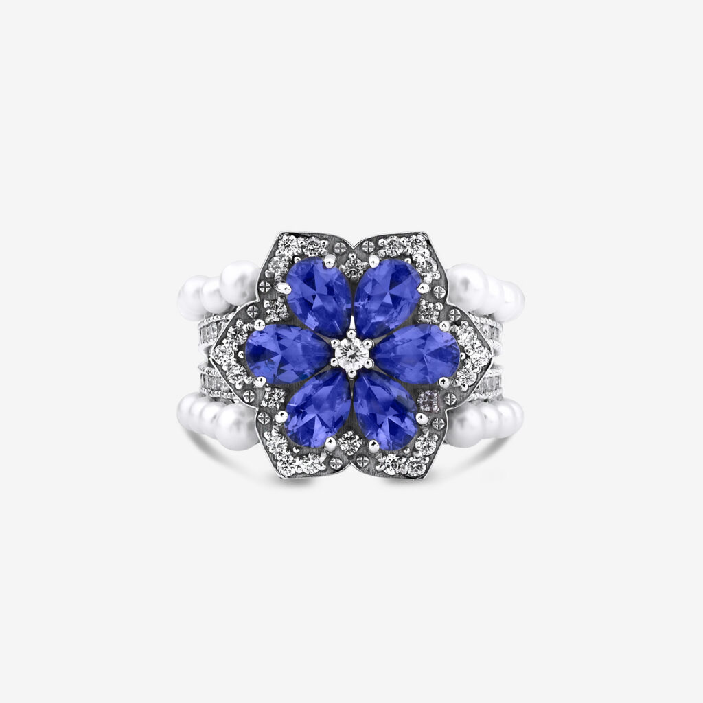 İnci Bosphorus Statement Ring — natural pearls and a blooming tanzanite flower with diamonds, white gold, top view