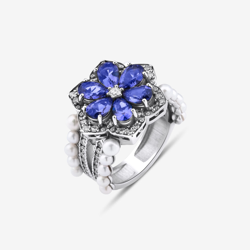 İnci Bosphorus Statement Ring — natural pearls and a blooming tanzanite flower with diamonds, white gold, side view