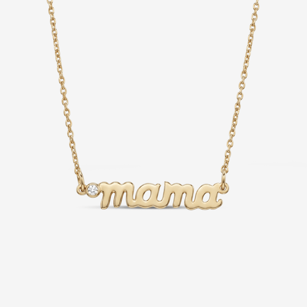 Mama Horizontal Script Necklace — the word mama in yellow gold script with a diamond, top view