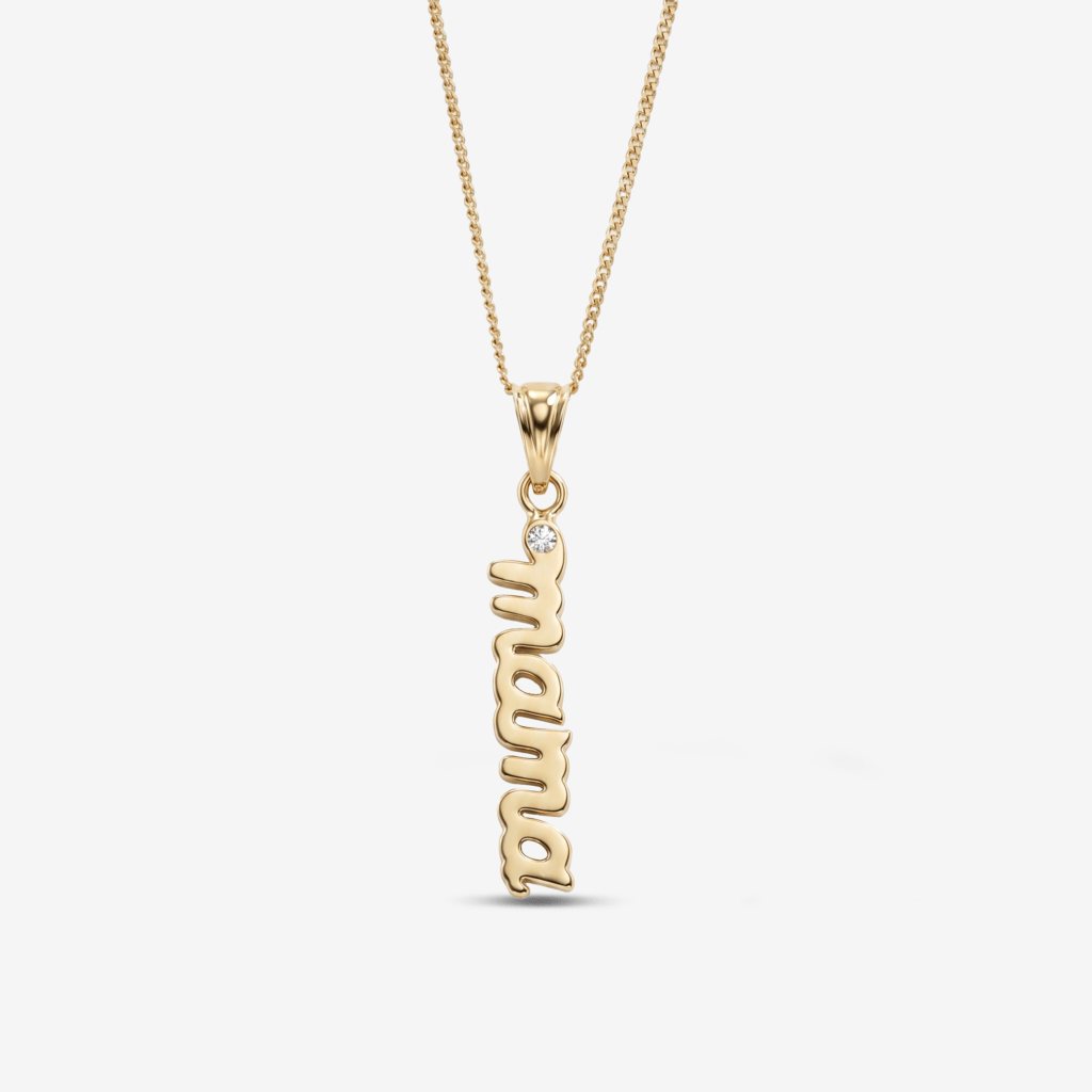 Mama Vertical Droplet Necklace — the word mama in vertical yellow gold script with a diamond, top view