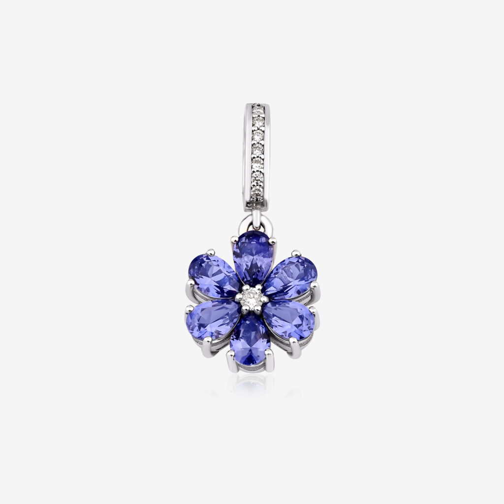 Midnight Bosphorus Pendant — lab-created tanzanite petals with a center diamond, white gold, top view