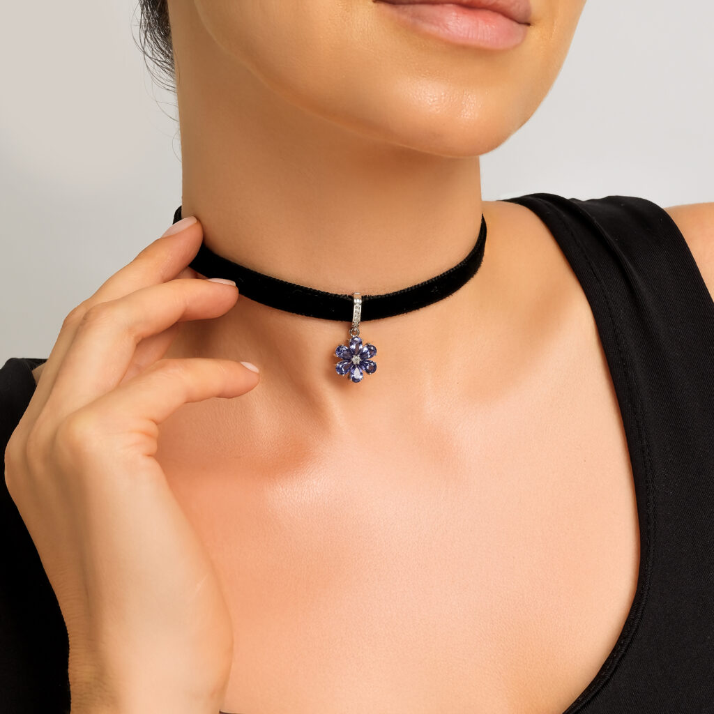 Midnight Bosphorus Pendant — lab-created tanzanite petals with a center diamond, white gold, worn on neck