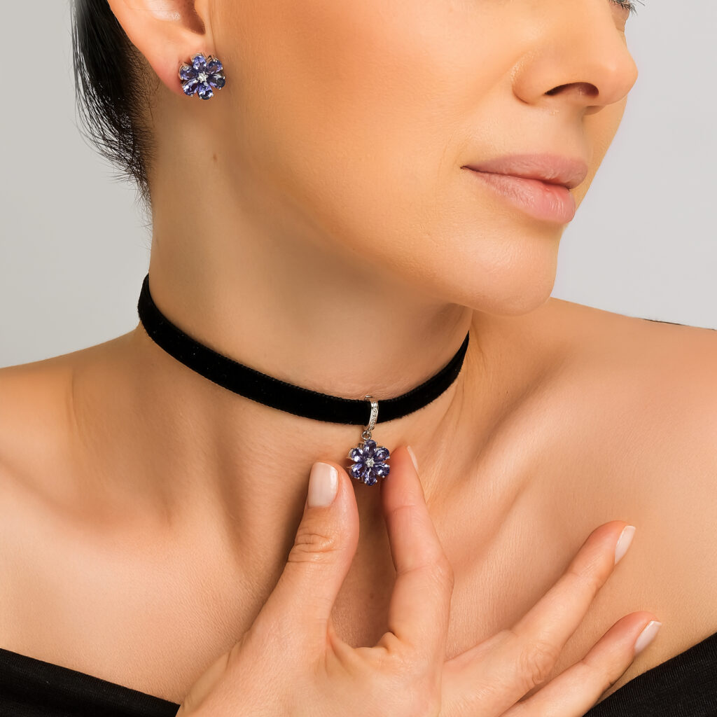 Midnight Bosphorus Pendant — lab-created tanzanite petals with a center diamond, white gold, worn on neck