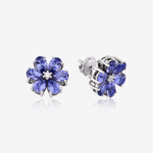 Midnight Bosphorus Earrings — lab-created tanzanite with a center diamond, white gold, top and side view