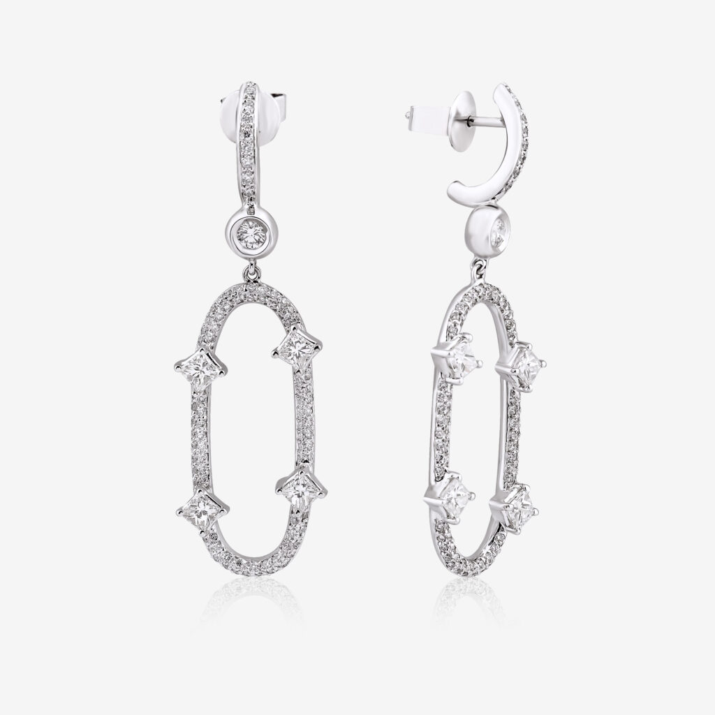 Midnight Orbit Earrings — sculptural diamond drops in white gold, top and side view