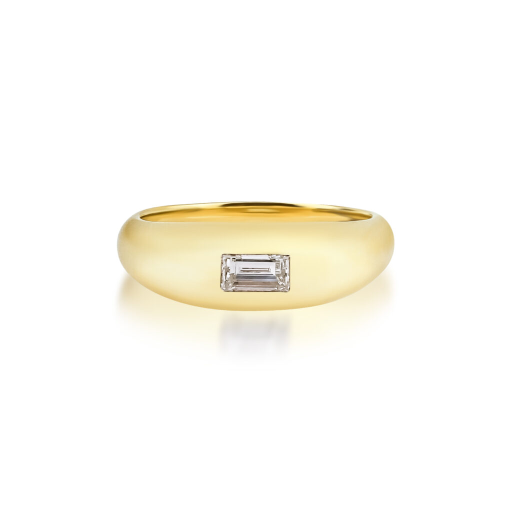 Modern Mühür Ring — single baguette diamond in polished yellow gold, top view