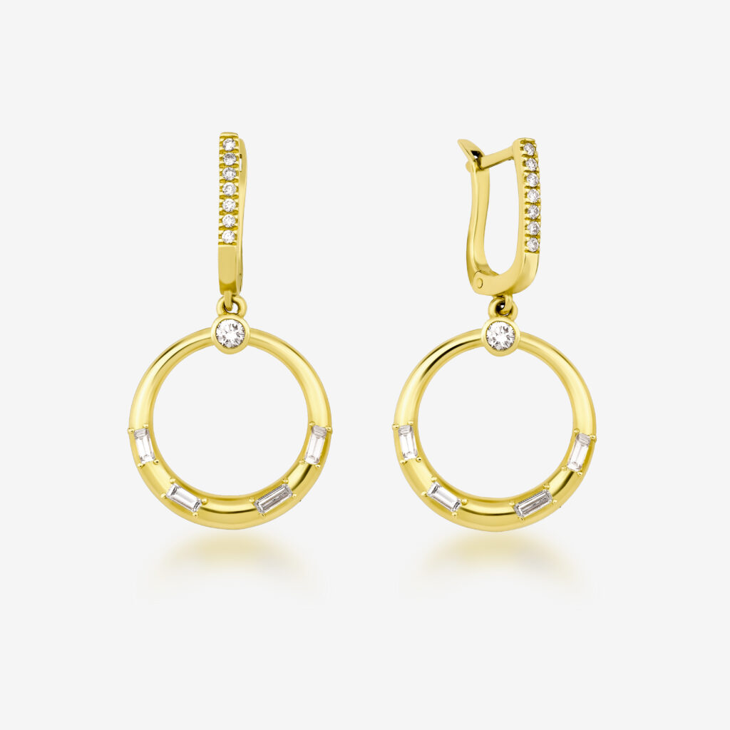 Orbit Halo Earrings — diamond-set hoops with gold circles, yellow gold, top view