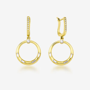 Orbit Halo Earrings — diamond-set hoops with gold circles, yellow gold, top view
