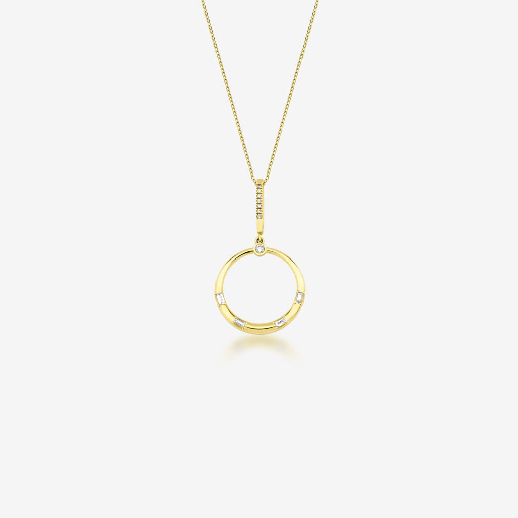 Orbit Halo Necklace — open circle of diamonds on a fine yellow gold chain, top view