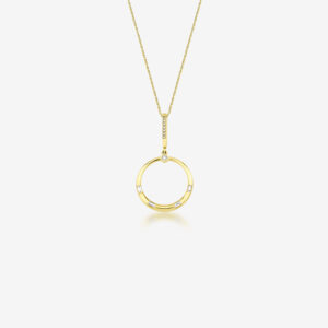 Orbit Halo Necklace — open circle of diamonds on a fine yellow gold chain, top view