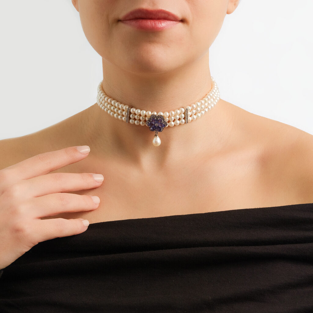 Pearl Bosphorus Choker — natural pearls with a lab-created tanzanite flower, white gold, worn on neck