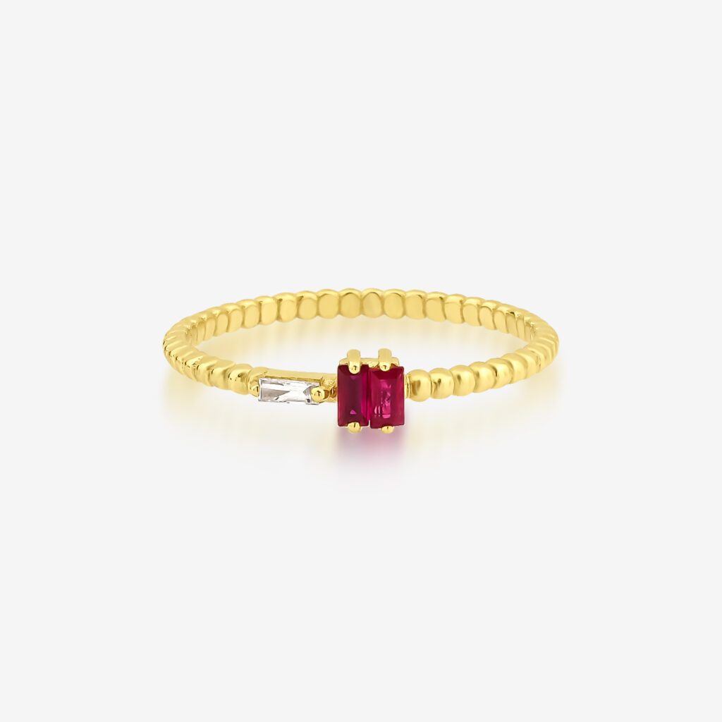 Ruby Ateş Ring — ruby and diamond on a twisted yellow gold band, top view