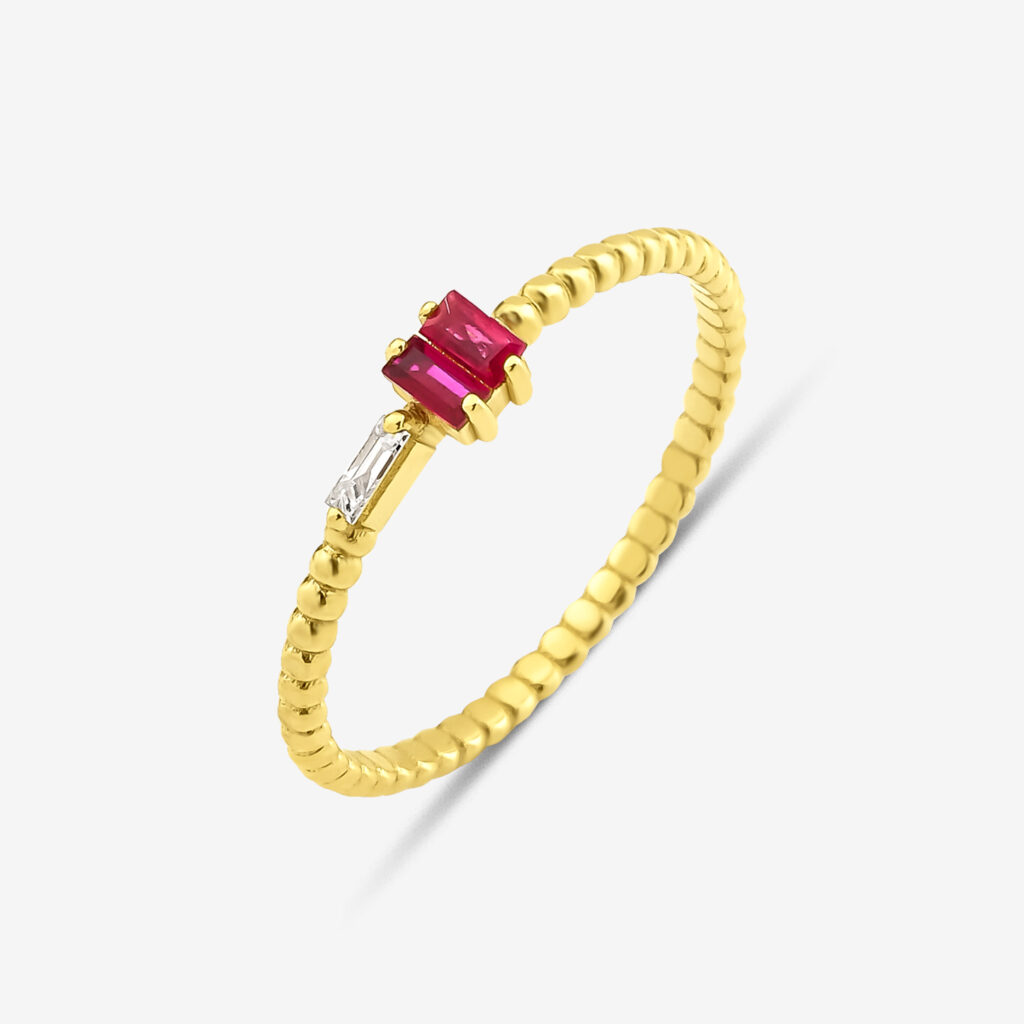 Ruby Ateş Ring — ruby and diamond on a twisted yellow gold band, side view