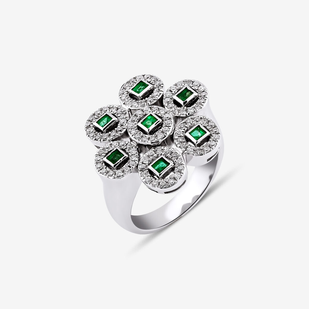 Seven Hills of Istanbul Ring — seven emeralds surrounded by diamonds in 18k white gold, side view