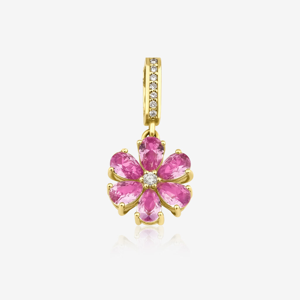 Sultana Rose Pendant — lab-created pink sapphire petals with a center diamond, yellow gold, top view