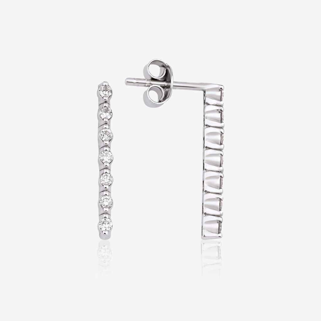 Zarif Line Drops Earrings — baguette and brilliant diamonds in white gold, top and side view