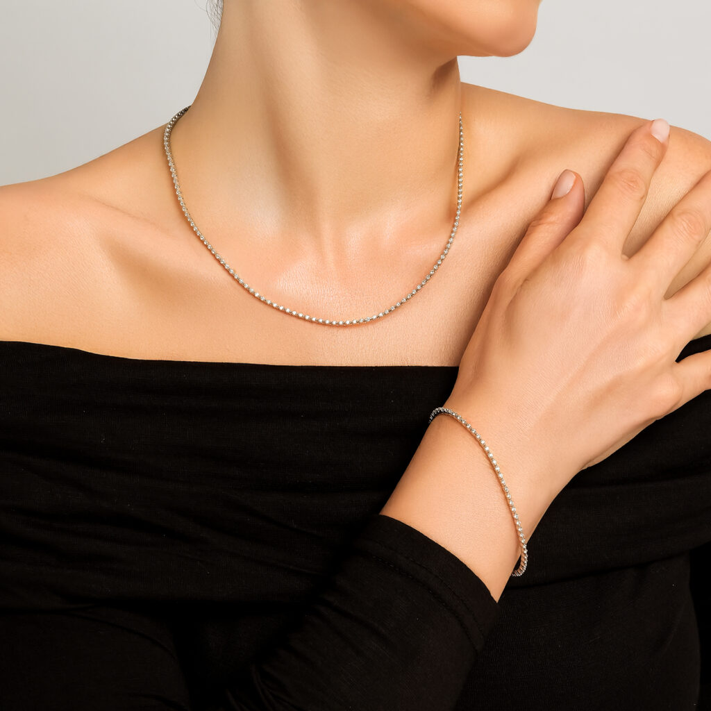 Zarif Line Necklace — uninterrupted line of diamonds in white gold, worn on neck